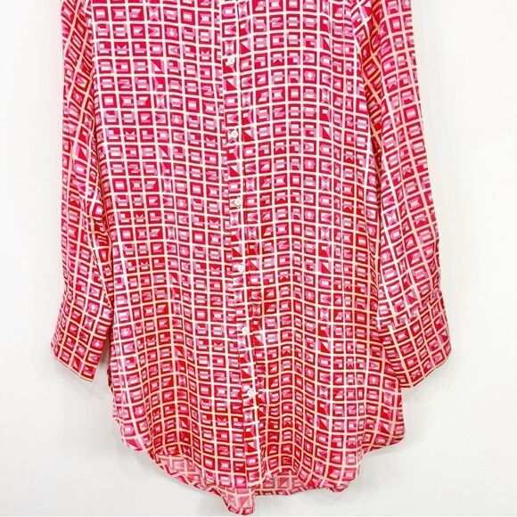 VICI Brenleigh Pink Red Geometric Print Poly Satin Button Down Tunic Mini Dress - Picture 6 of 16